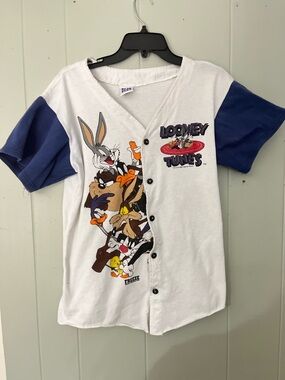 VINTAGE Looney Tunes White & Navy Button-Front Tee